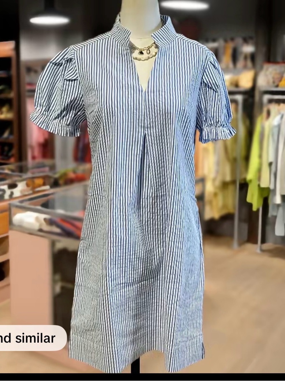 Blue and White Striped Short Sleeve Shirt Dress